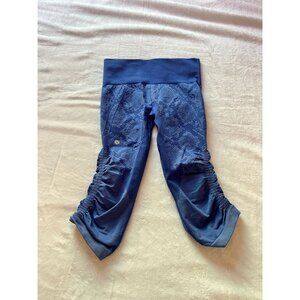 Lululemon Athletica Womens Blue Ruched Sides Cropped Leggings Wide Waistband